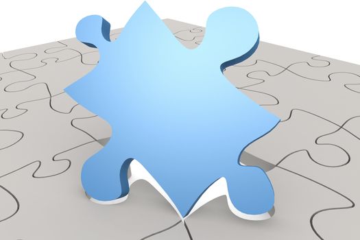 Blue jigsaw puzzle piece highlighted, 3D rendering
