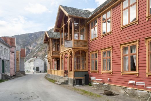 Laerdal, Sogn og Fjordane, Norway, May 2015: street scene with typical and historical houses of Laerdal or Laerdalsoyri in Norway