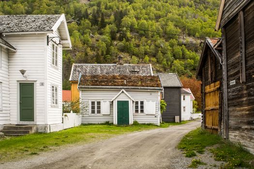 Laerdal, Sogn og Fjordane, Norway, May 2015: street scene with typical and historical houses of Laerdal or Laerdalsoyri in Norway