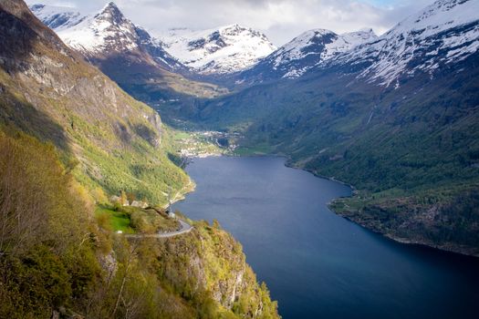 View on Geiranger Fjord in Norway. Landscape, nature, travel and tourism. Beauty in nature.