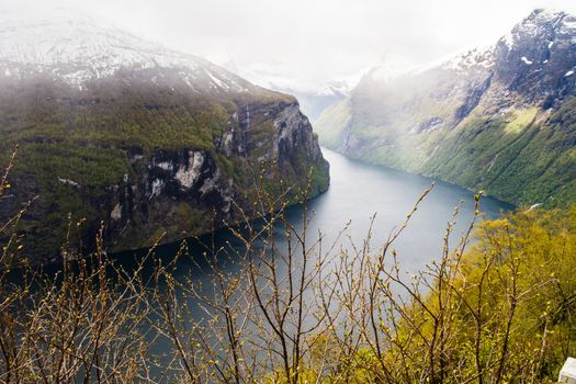 View on Geiranger Fjord in Norway. Landscape, nature, travel and tourism. Beauty in nature.