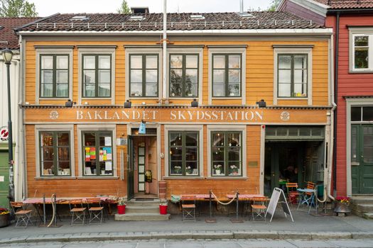 Trondheim, Norway, May 2015: Baklandet Skydsstation idyllic and peaceful cafe where you can enjoy delicious food and drinks in a traditional setting.