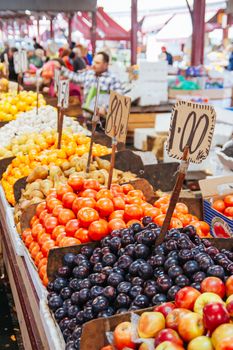 Market day at Vic Market with fruit and vegetables for sale in Melbourne, Victoria, Australia