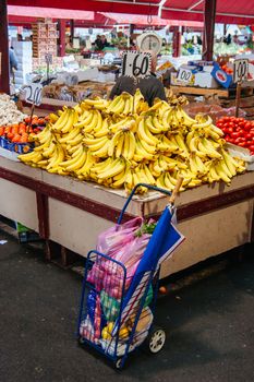 Market day at Vic Market with fruit and vegetables for sale in Melbourne, Victoria, Australia