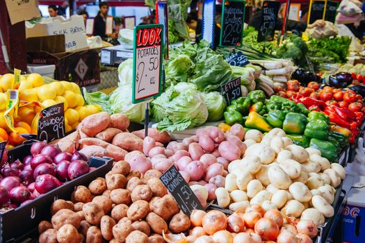 Market day at Vic Market with fruit and vegetables for sale  in Melbourne, Victoria, Australia