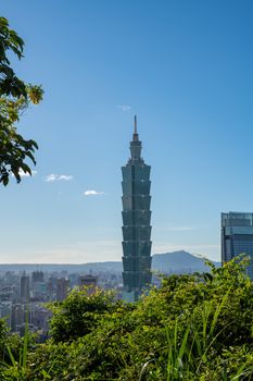 Taipei, Taiwan - Aug. 21, 2020: Taipei 101 tower skyline, urban landscape cityscape, taken from Xiangshan, elephant mountain.