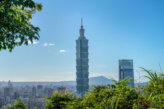 Taipei, Taiwan - Aug. 21, 2020: Taipei 101 tower skyline, urban landscape cityscape, taken from Xiangshan, elephant mountain.