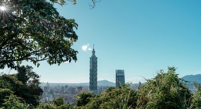 Taipei, Taiwan - Aug. 21, 2020: Taipei 101 tower skyline, urban landscape cityscape, taken from Xiangshan, elephant mountain.