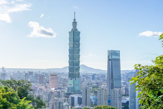 Taipei, Taiwan - Aug. 21, 2020: Taipei 101 tower skyline, urban landscape cityscape, taken from Xiangshan, elephant mountain.