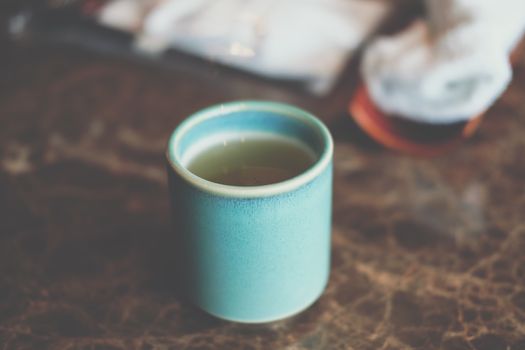 hot matcha japanese green tea in ceramic cup