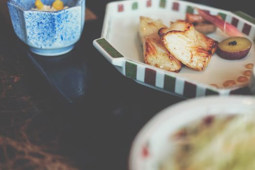 grilled yellow tail fish with salt. japanese lunch food menu set