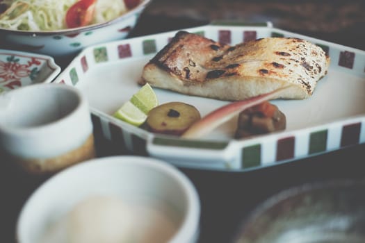 grilled snow fish with salt. japanese lunch food menu set