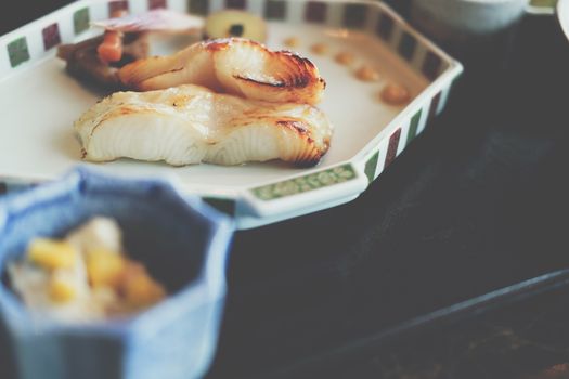 grilled yellow tail fish with salt. japanese lunch food menu set