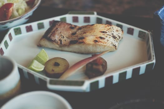 grilled snow fish with salt. japanese lunch food menu set