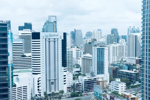 Bangkok, Thailand - August 14, 2020: skyscraper building cityscape in business area near Ploenjit road in Bangkok, Thailand on August 14, 2020.