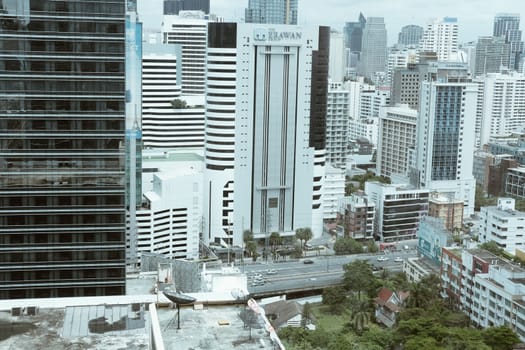 Bangkok, Thailand - August 14, 2020: skyscraper building cityscape in business area near Ploenjit road in Bangkok, Thailand on August 14, 2020.