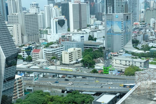 Bangkok, Thailand - August 14, 2020: skyscraper building cityscape in business area near Ploenjit road in Bangkok, Thailand on August 14, 2020.