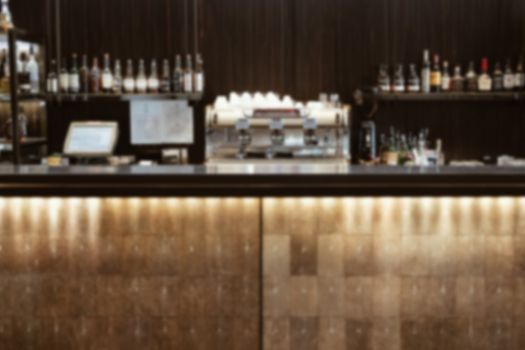 blurry bar pub counter in cafeteria restaurant. defocused blur background