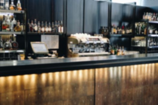 blurry bar pub counter in cafeteria restaurant. defocused blur background