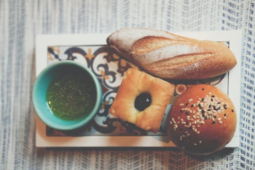 homemade bread pastry with olive oil & salt. mediterranean food