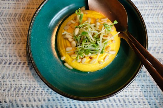 pumpkin hummus with pea sprout. vegan vegetarian middle eastern appetizer food