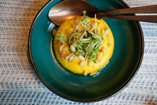 pumpkin hummus with pea sprout. vegan vegetarian middle eastern appetizer food