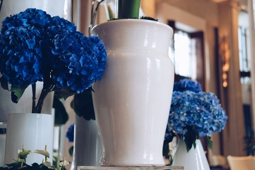 blue hydrangea flower bouquet bunch in vase. flora decoration