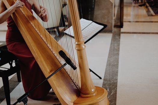 woman harpist player wearing red dress playing harp. classic music instrument