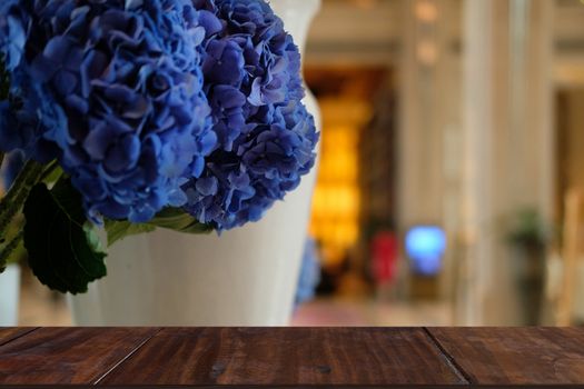 blue hydrangea flower bouquet bunch in vase. flora decoration
