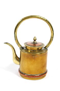 A Vintage Antique Kettle or Tea Pot In Metal on White Background