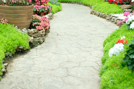 walkway pathway in flower garden park. tranquil nature scene