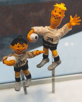 July 7, 2018, Moscow, Russia Official mascot FIFA World Cup 1974 in West Germany  a two boys wearing Germany kits Tip and Tap.