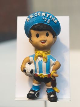 July 7, 2018, Moscow, Russia Official mascot FIFA World Cup 1978 in Argentina a boy wearing Argentina's kit Gauchito.