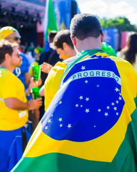 2 July 2018 Moscow, Russia. Fans of the Brazilian national team at the FIFA fans festival in the fan zone of the  FIFA World Cup 2018 in the Vorob'evy gory in Moscow.