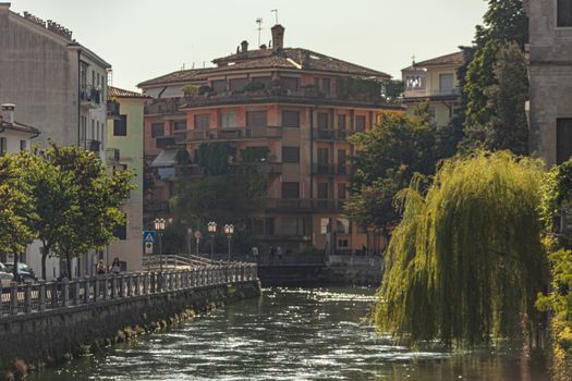 TREVISO, ITALY 13 AUGUST 2020: Buranelli canal view in Treviso in Italy in a sunny day
