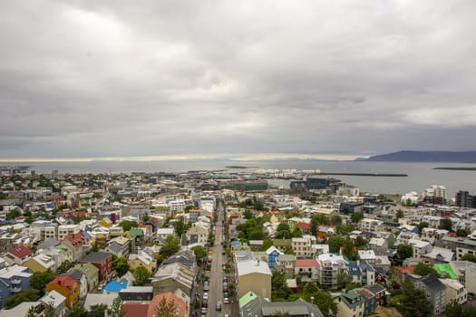 Reykjavik,Iceland, July 2019: skyline and cityscape with view over houses and skolavordustigur