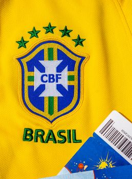 June 25, 2018 Moscow, Russia. Tickets for the  FIFA World Cup 2018 soccer match on the Brazil national football team soccer shirt.