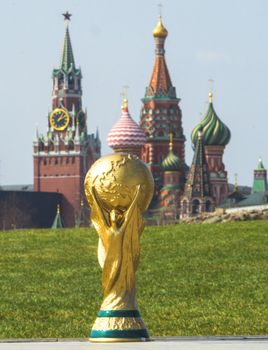 April 16, 2018 Moscow. Russia Trophy of the FIFA World Cup on the Red Square in Moscow.