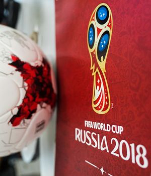 September 14, 2017. Moscow, Russia Official ball of the 2018 FIFA World Cup Adidas Krasava and a calendar with the symbols of the World Cup 2018