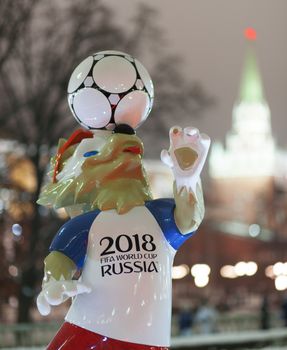 December 9, 2017 Moscow, Russia. The official mascot of the FIFA World Cup 2018 wolf Zabivaka at the Manege Square in Moscow.