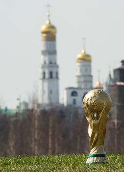 April 16, 2018 Moscow. Russia Trophy of the FIFA World Cup on the Red Square in Moscow.