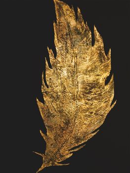 Metal Golden feather on black background. Gold glitter texture. Abstract painting. Art object