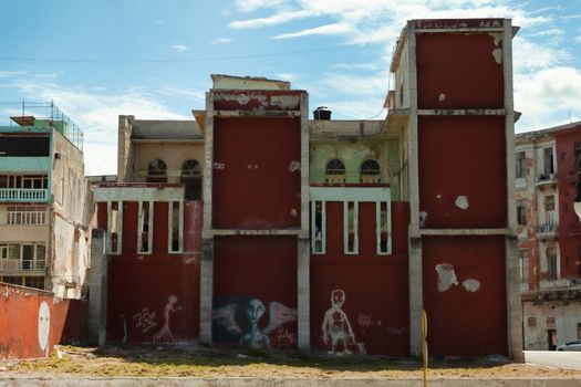Havana, Cuba - 8 February 2015: Slums and ruined buildings along Malecon