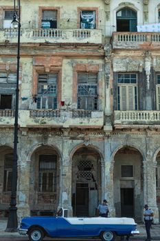 Havana, Cuba - 8 February 2015: Example of colonial architecture on Malecon with balconies and arches