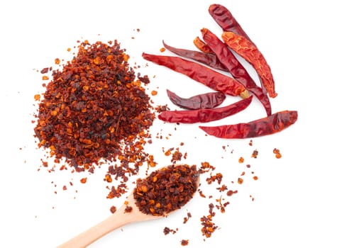 Dried chili meal on a white background