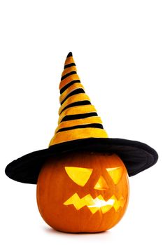 Jack O Lantern Halloween pumpkin in witches hat isolated on white background