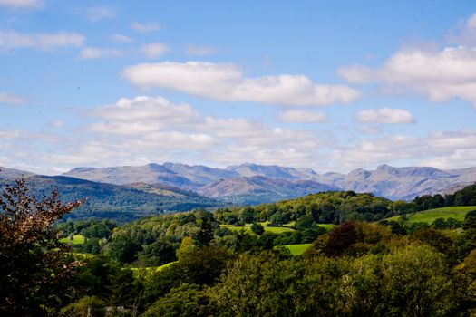 A view across the Cumbrian fells towards the stunning Langdale Pikes