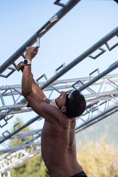 Encamp, Andorra : 2020 Sept 05 : Competitors participate in the 2020 Spartan Race obstacle racing challenge in Andorra, on september 05, 2020.