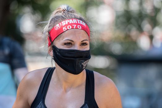 Encamp, Andorra : 2020 Sept 05 : Competitors participate in the 2020 Spartan Race obstacle racing challenge in Andorra, on september 05, 2020.