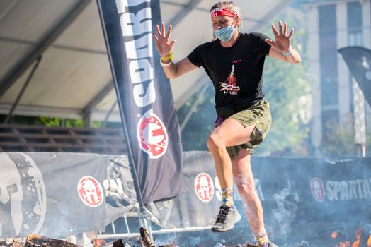 Encamp, Andorra : 2020 Sept 05 : Competitors participate in the 2020 Spartan Race obstacle racing challenge in Andorra, on september 05, 2020.